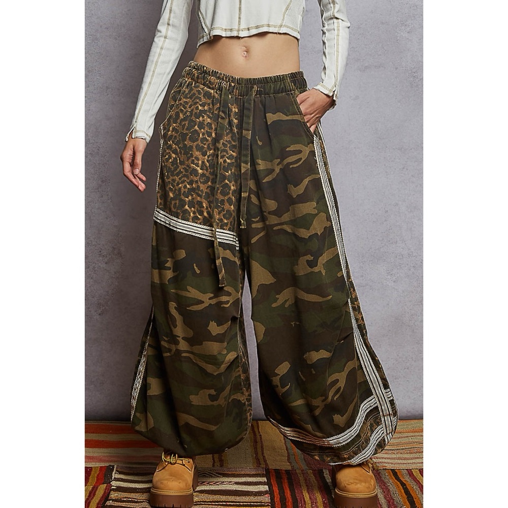 POL Olive Camo Leopard Wide Leg Pull On Pants | Balloon Leg Joggers